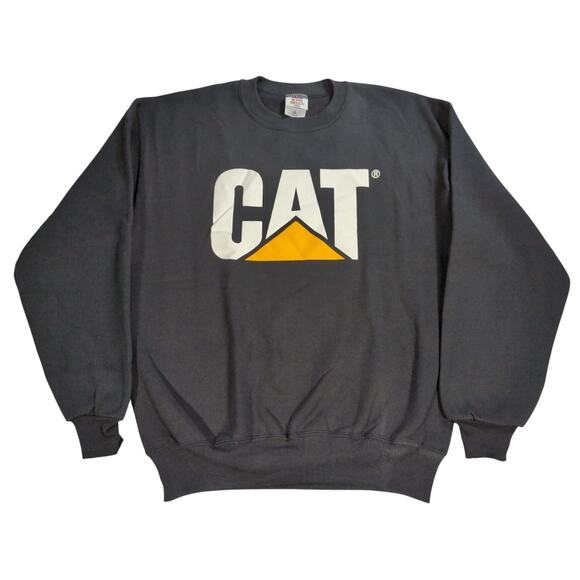 VTG CAT Caterpillar Sweatshirt Mens M Black USA Jerzees Super Sweats 90s Work - Picture 1 of 11